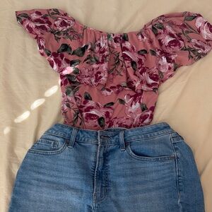 Heart Hips Floral Off-Shoulder Blouse - Pink and Green